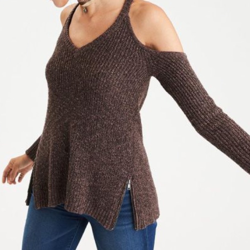 American Eagle Brown Cold Shoulder Zipper Sweater